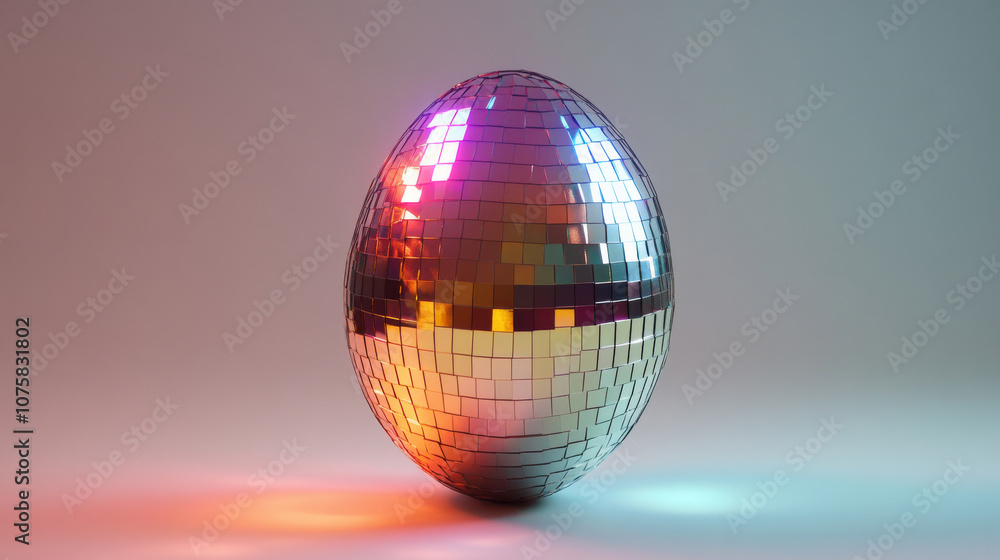 Disco ball egg with colorful reflections on gradient background Disco ball egg with colorful reflections on gradient background