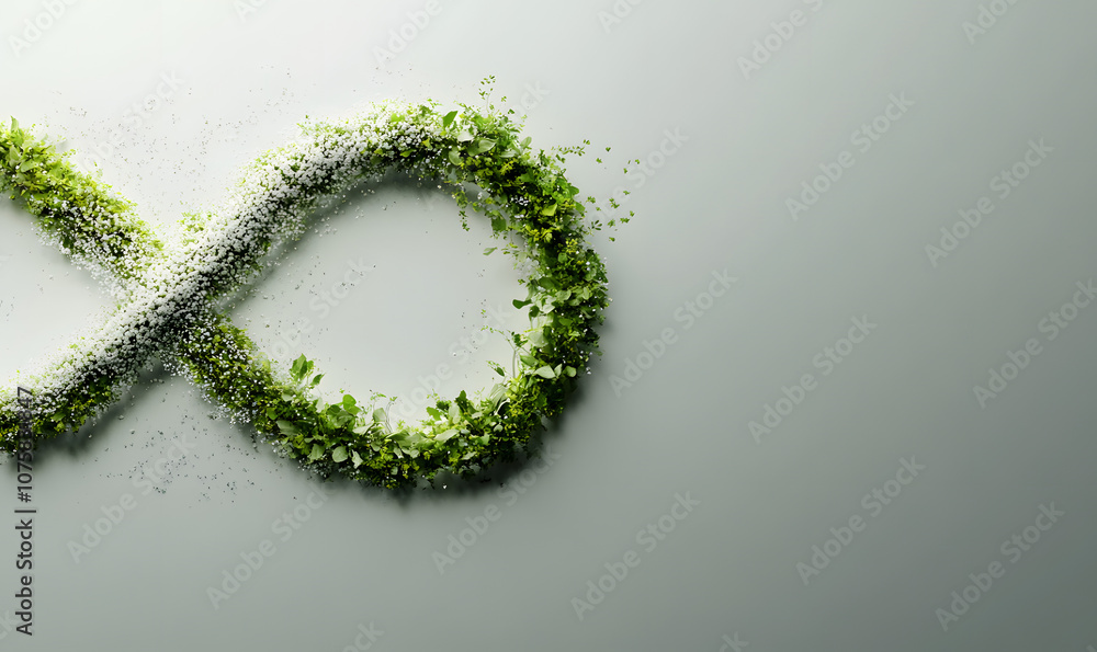 Green leaves and water drops forming the shape of an infinity symbol, carbon neutrality, environmental protection, green living, lifestyle, business, wallpaper, poster, advertising, media, marketing Green leaves and water drops forming the shape of an infinity symbol, carbon neutrality, environmental protection, green living, lifestyle, business, wallpaper, poster, advertising, media, marketing