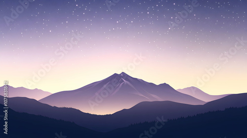 Silhouette of a mountain range against a twilight sky with stars.