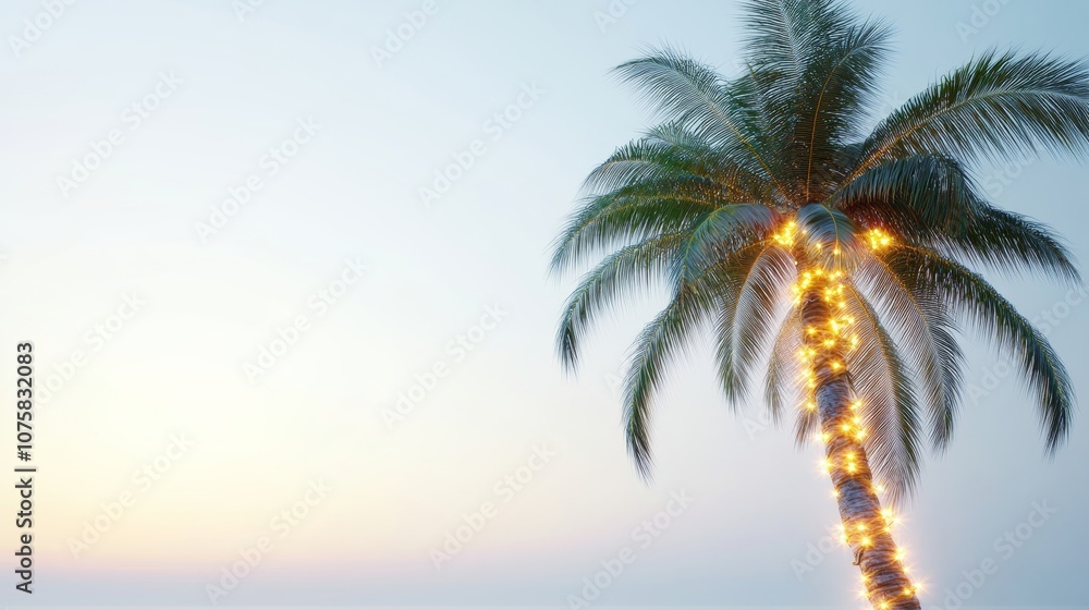 Obraz premium Palm tree decorated with lights at sunset, tropical serenity concept
