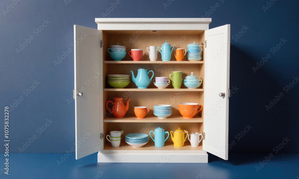 A white cabinet with one door open reveals colorful teacups, teapots, and plates on the shelves inside A white cabinet with one door open reveals colorful teacups, teapots, and plates on the shelves inside