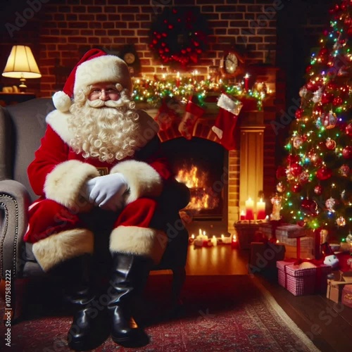 santa claus in front of christmas tree