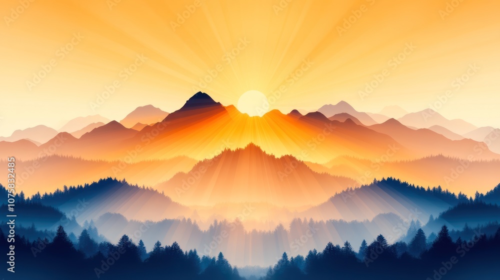 Obraz premium Mountain Sunrise: Majestic Fir and Spruce Trees Against Silhouetted Mountain Range. Vector Forest Hiking Adventure Background with Sunbeams and Panoramic View.