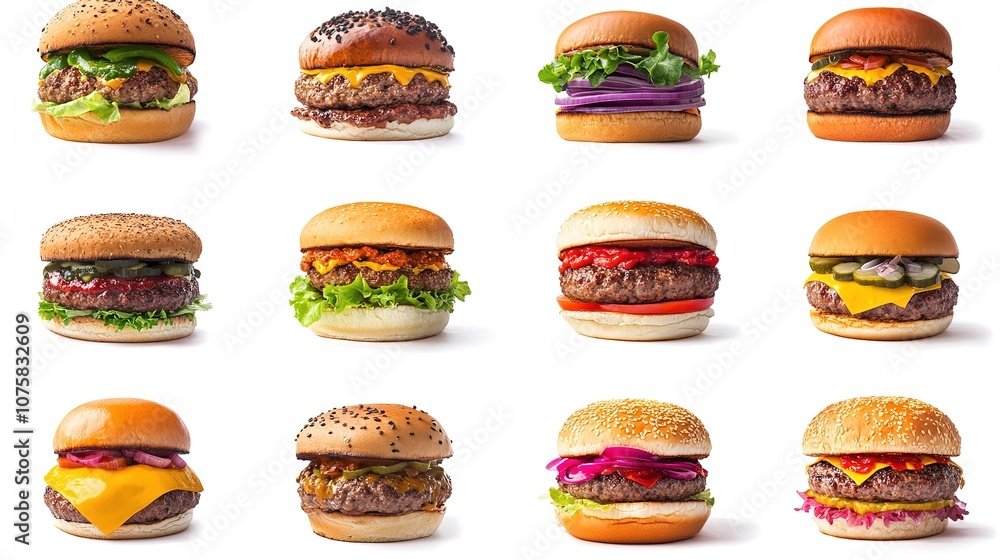An engaging grid layout illustration showcasing a variety of colorful burgers, each with unique ingredients and vibrant toppings. Some of the burgers are spicy, with smoke rising from them, An engaging grid layout illustration showcasing a variety of colorful burgers, each with unique ingredients and vibrant toppings. Some of the burgers are spicy, with smoke rising from them,