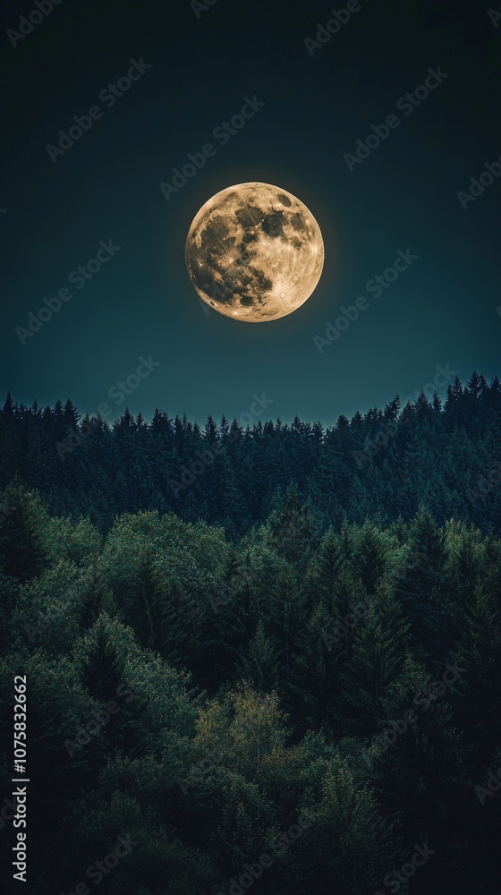 Fototapeta premium Full moon over dark forest landscape at night, serene nature scene