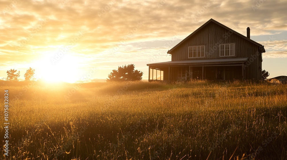A peaceful and serene home with the sun setting or rising behind it, casting a warm golden glow that highlights the silhouette of the house. The surrounding landscape may include soft light and shadow A peaceful and serene home with the sun setting or rising behind it, casting a warm golden glow that highlights the silhouette of the house. The surrounding landscape may include soft light and shadow