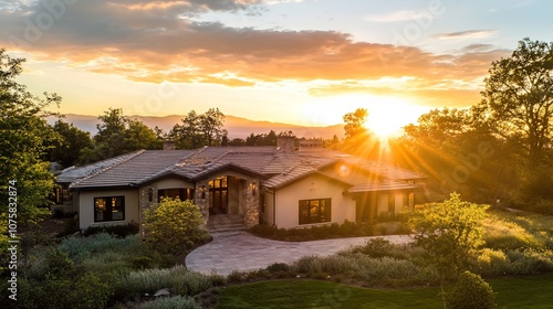 A peaceful and serene home with the sun setting or rising behind it, casting a warm golden glow that highlights the silhouette of the house. The surrounding landscape may include soft light and shadow