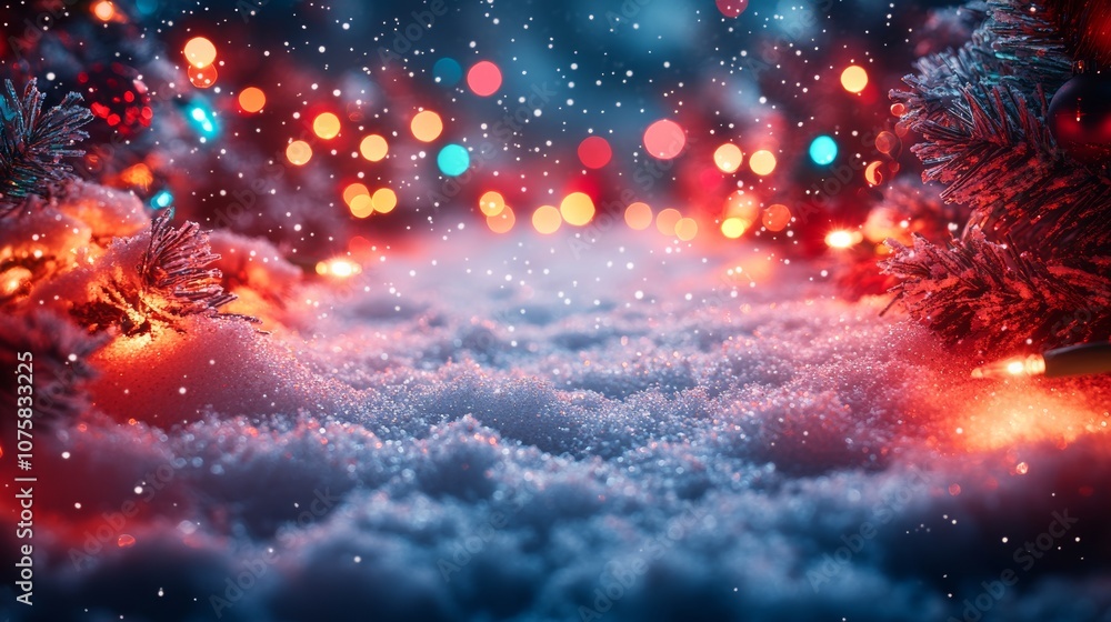 Snowy ground with festive lights and pine branches, winter holiday atmosphere. Christmas and celebration concept Snowy ground with festive lights and pine branches, winter holiday atmosphere. Christmas and celebration concept