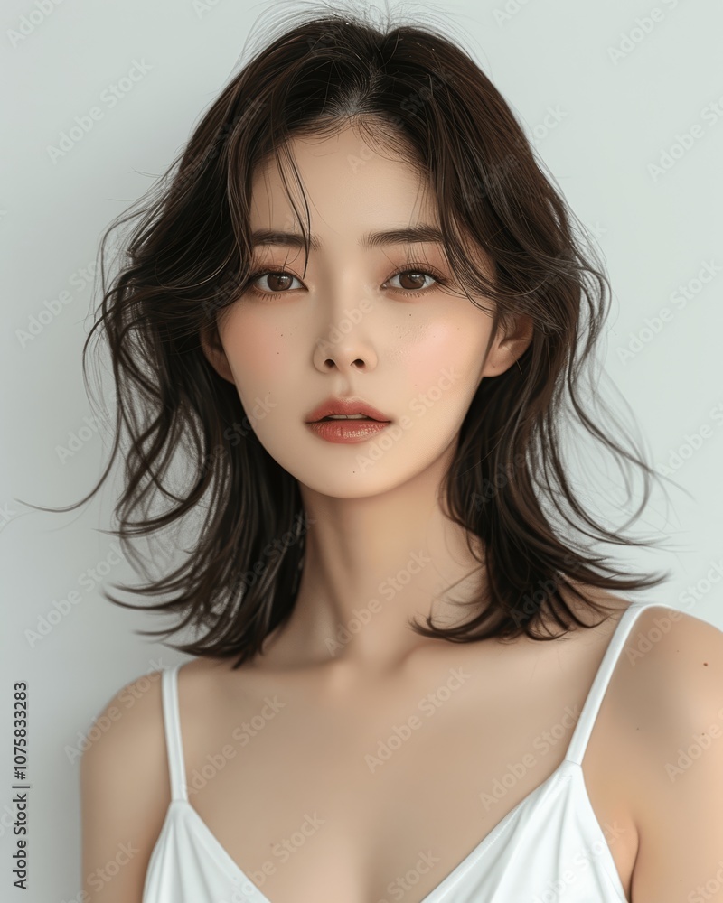 Beautiful Korean Female Model in White Halter Top with Shoulder Length Hair Isolated on Light Grey Background Beautiful Korean Female Model in White Halter Top with Shoulder Length Hair Isolated on Light Grey Background