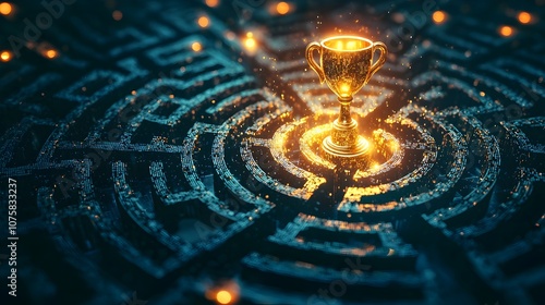 Glowing Maze Leads to Marketing Success Trophy Representing Strategic Problem Solving photo