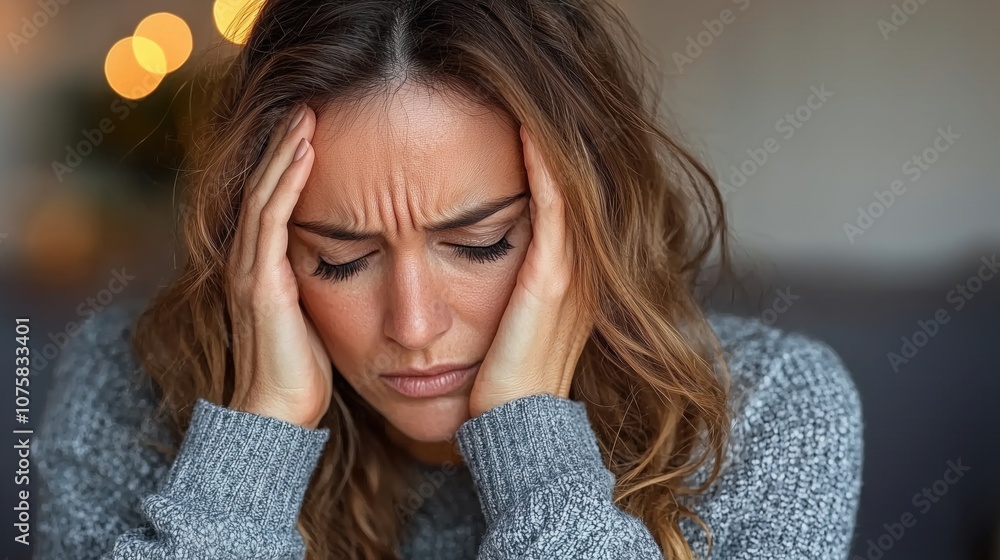 Stressed woman holding her head in frustration Stressed woman holding her head in frustration