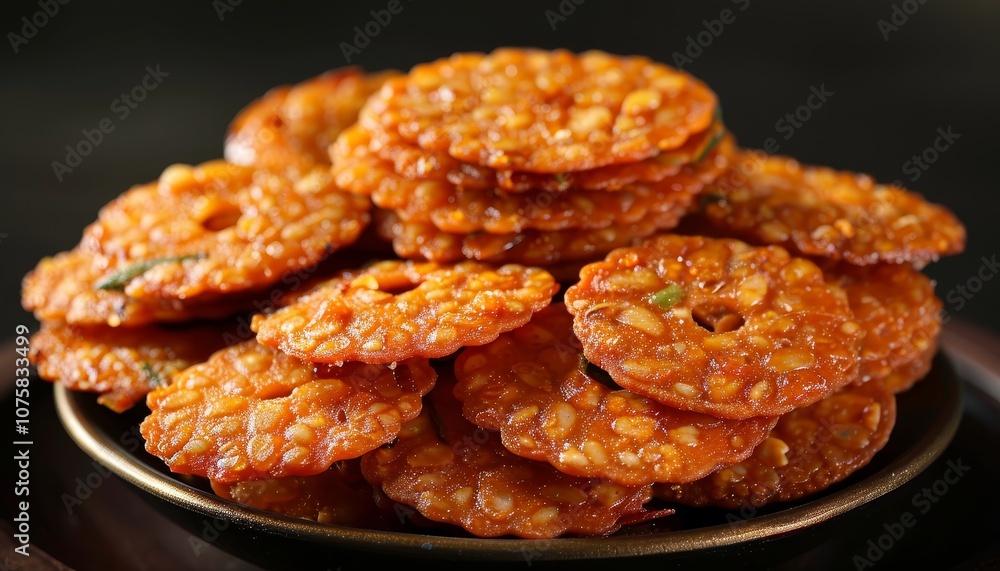 A close-up of a pile of crispy, orange-colored, round savory crackers on a plate. A close-up of a pile of crispy, orange-colored, round savory crackers on a plate.