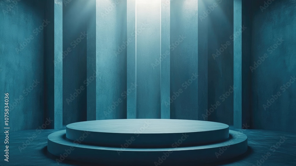A Teal Circular Platform with a Light Source in a Room with Vertical Walls A Teal Circular Platform with a Light Source in a Room with Vertical Walls