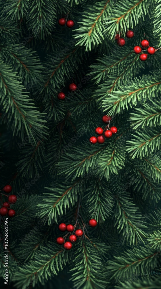 Pine branches with red berries, festive decoration. Christmas and holiday concept Pine branches with red berries, festive decoration. Christmas and holiday concept