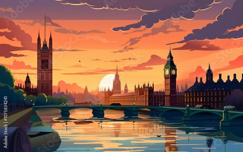 A vibrant sunset over London, featuring iconic landmarks and serene water reflections.