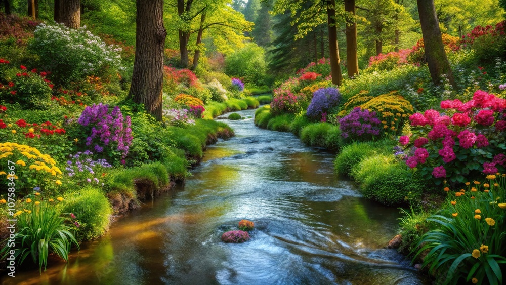 A narrow winding stream flows through the heart of the forest surrounded by lush greenery and vibrant flowers, environment, forest, stream, flow A narrow winding stream flows through the heart of the forest surrounded by lush greenery and vibrant flowers, environment, forest, stream, flow