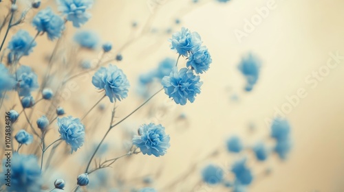 Blue flowers in soft focus on a beige background, delicate nature. Serene and peaceful concept