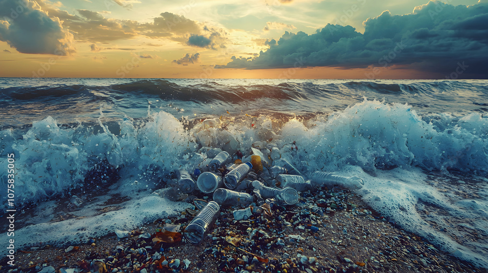 Naklejka premium Ocean Waves Wash Over Plastic Bottles and Debris