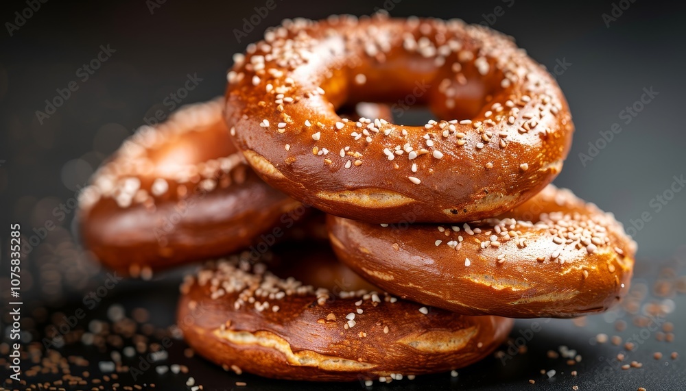 Four freshly baked pretzels with sesame seeds on a dark background. Four freshly baked pretzels with sesame seeds on a dark background.