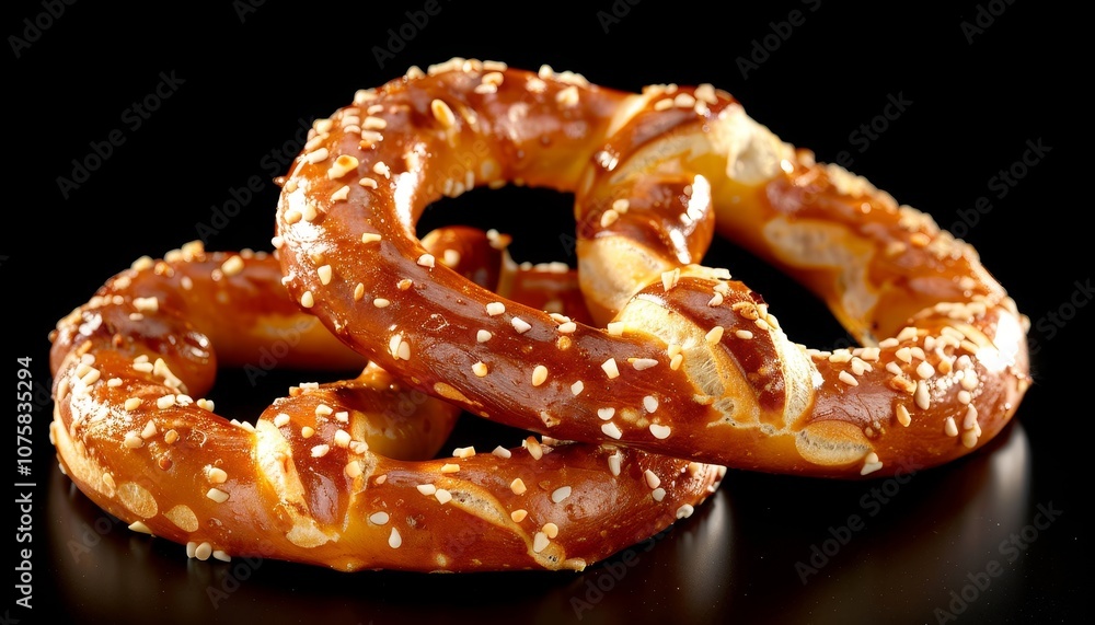 Three golden brown pretzels with salt on a black surface. Three golden brown pretzels with salt on a black surface.