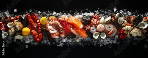 Seafood Banner with Salmon, Squid, Octopus, Mussels, Oysters, Clams, and Shrimp on Ice on Black Background
