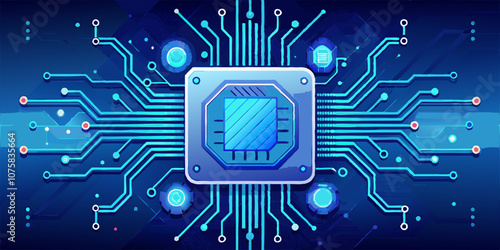 AI circuit board with electric blue tech elements on a digital background.