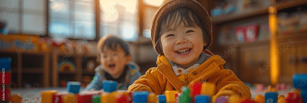 Happy Asian Toddler Playing with Toys in Children's Room Happy Asian Toddler Playing with Toys in Children's Room