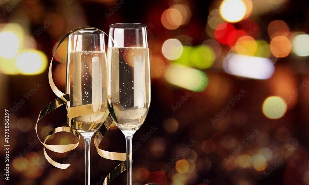 Two glasses of tasty champagne on festive christmas background. Two glasses of tasty champagne on festive christmas background.