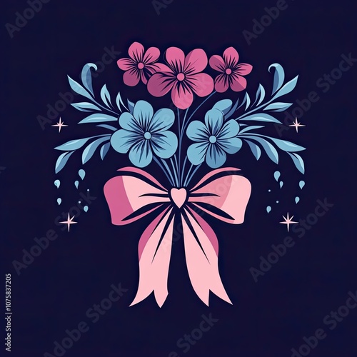 Pink and Blue Flowers with a Heart-Shaped Bow on a Dark Blue Background