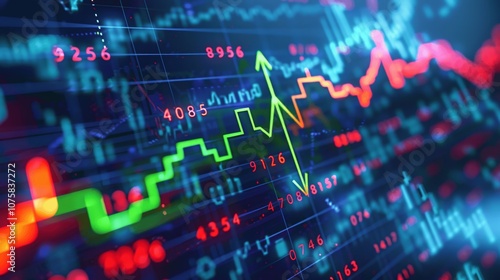 Stock Market Growth with Green Arrow and Rising Candlestick Charts on Digital Screen