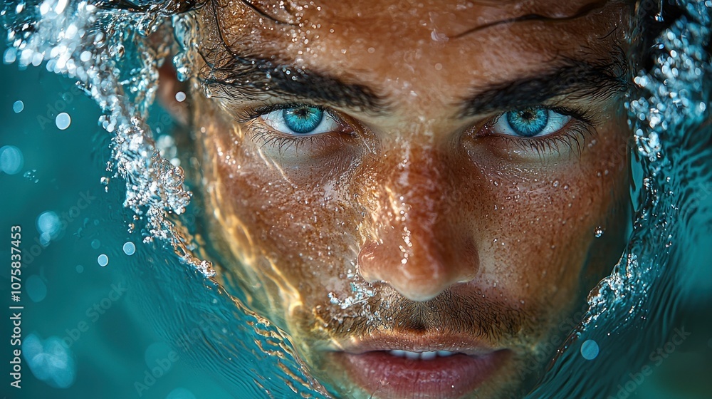 Fototapeta premium Diver Breaking Ocean Surface, Diver’s face and arms breaking the water’s surface from below, captured in mid-motion with water droplets flying upward