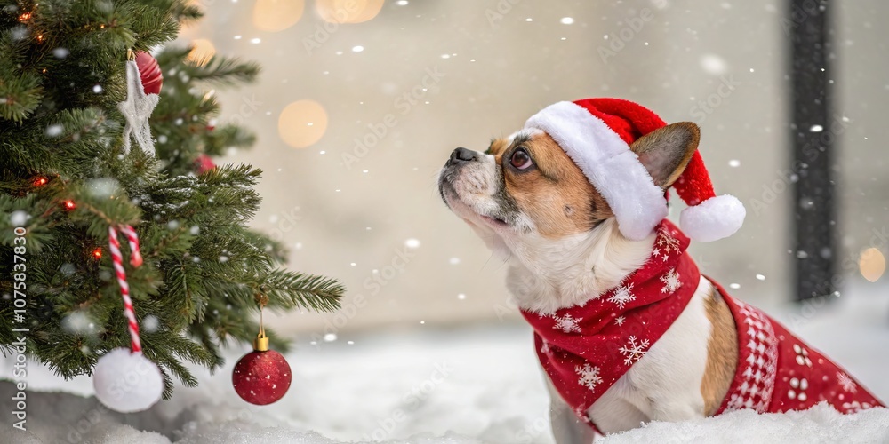 Festive bulldog wearing santa hat in winter wonderland with christmas tree Festive bulldog wearing santa hat in winter wonderland with christmas tree