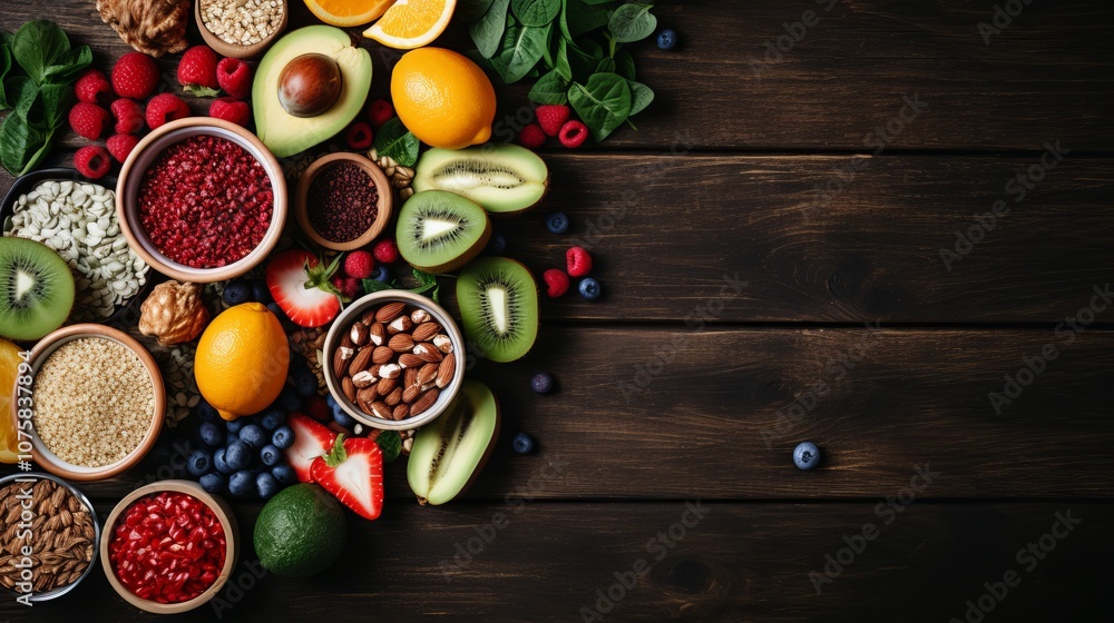 Colorful arrangement of fresh fruits and nuts on a wooden table in natural light. Generative AI Colorful arrangement of fresh fruits and nuts on a wooden table in natural light. Generative AI
