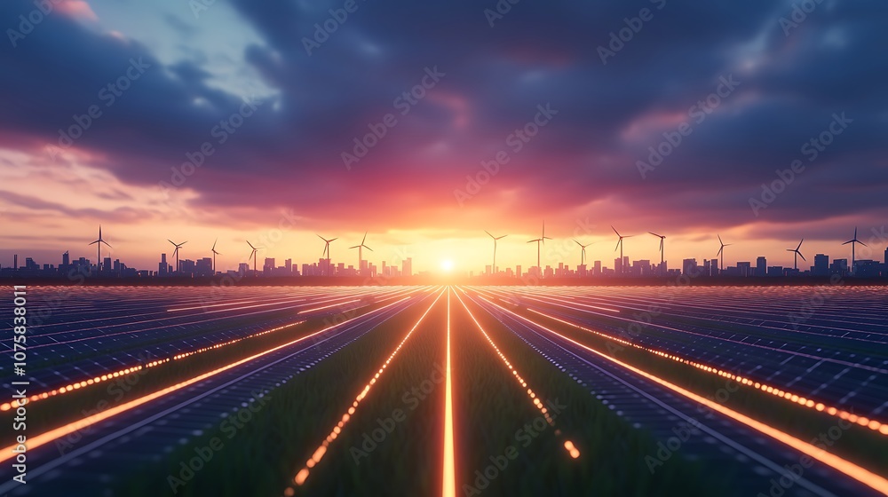 A vibrant sunset over a landscape of solar panels, with wind turbines in the distance, symbolizing renewable energy and innovation. A vibrant sunset over a landscape of solar panels, with wind turbines in the distance, symbolizing renewable energy and innovation.