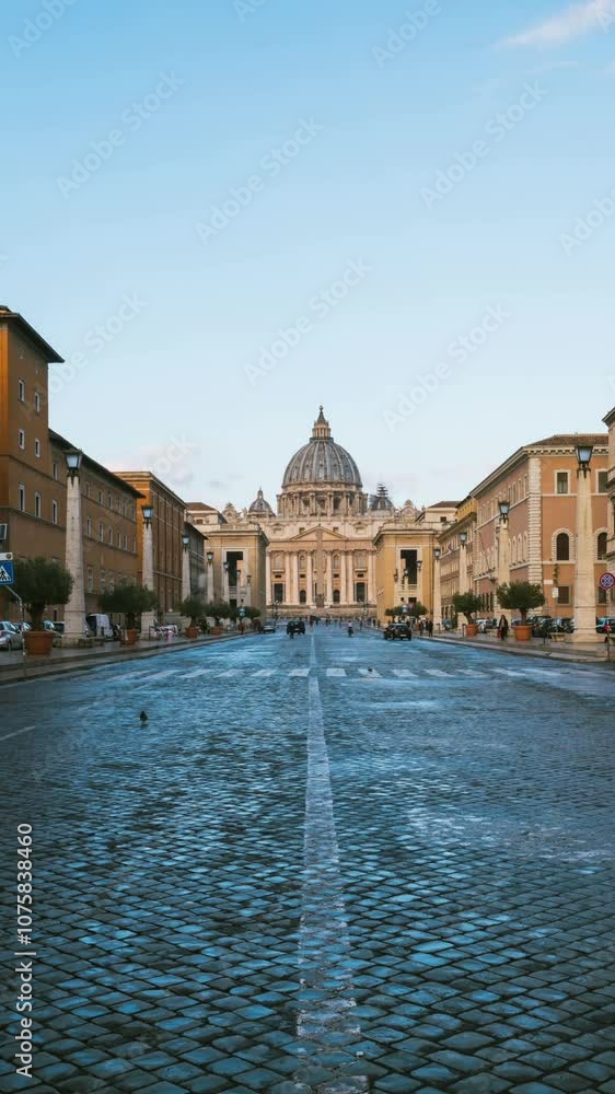 Time lapse of St Peter 's Basilica in Vatican , Rome , Italy . St. Peter's is a church built in the Renaissance style located in the Vatican City . Italian famous landmark of Vatican and Rome .