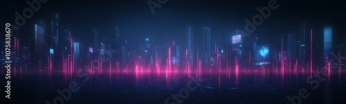 A futuristic digital landscape featuring vibrant pink and blue light waves, creating a sense of depth and high-tech ambiance.