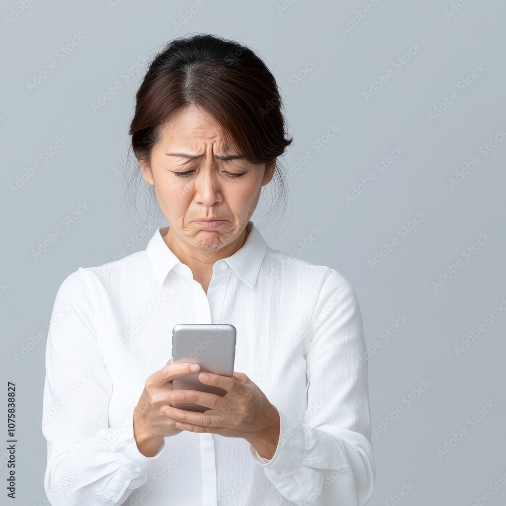 Frustrated Asian Woman Staring Angrily at Phone Screen, Displaying Emotions of Disappointment and Displeasure in a Modern, Minimalist Setting Frustrated Asian Woman Staring Angrily at Phone Screen, Displaying Emotions of Disappointment and Displeasure in a Modern, Minimalist Setting