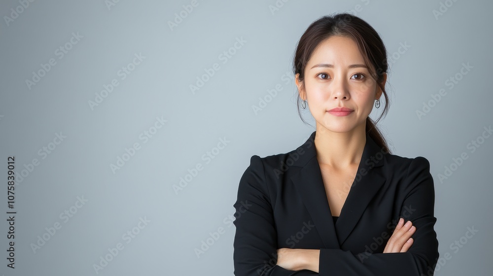 Confident Asian Woman with Arms Akimbo Glaring Forward Against a Neutral Background, Emphasizing Empowerment and Determination in Professional Settings Confident Asian Woman with Arms Akimbo Glaring Forward Against a Neutral Background, Emphasizing Empowerment and Determination in Professional Settings