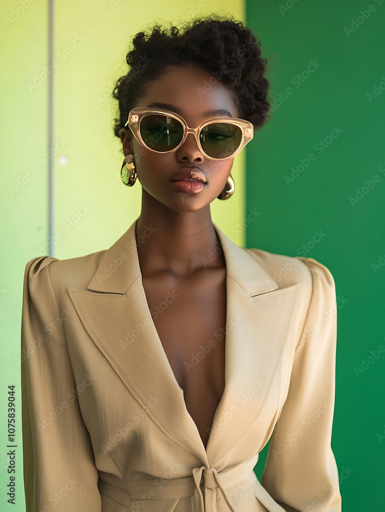 Stylish Young Black Woman Light Beige Blazer Puffed Sleeves Low V Neck Fashionable Sunglasses Stylish Young Black Woman Light Beige Blazer Puffed Sleeves Low V Neck Fashionable Sunglasses
