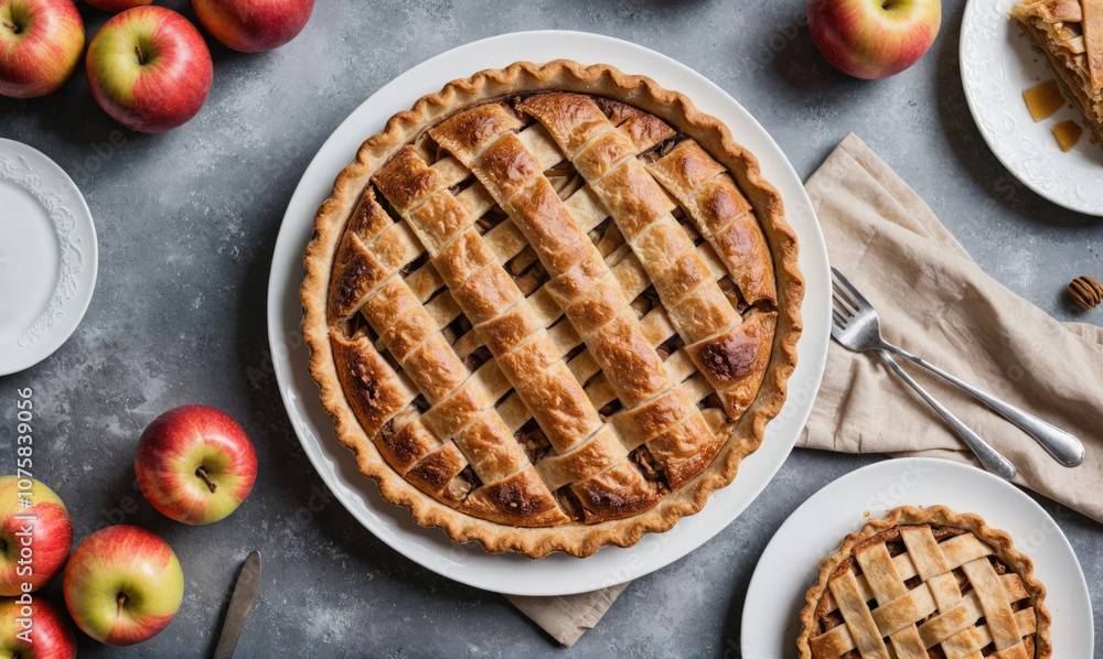 A freshly baked apple pie sits on a white plate surrounded by apples and a cloth napkin A freshly baked apple pie sits on a white plate surrounded by apples and a cloth napkin