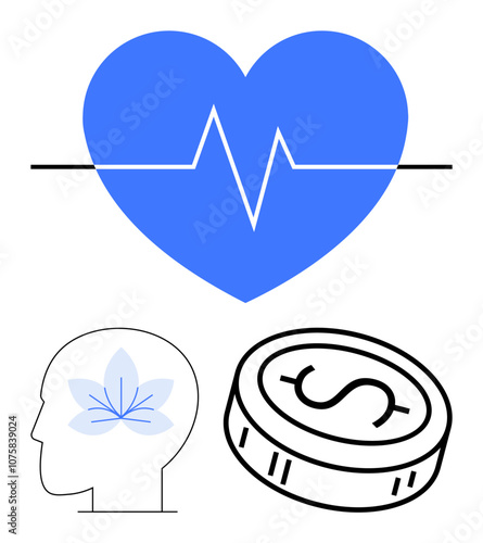 Blue heart with heartbeat line, head outline with flower symbol inside, dollar coin. Ideal for mental health, wellness, finance, mindfulness, work-life balance holistic health self-care. Line