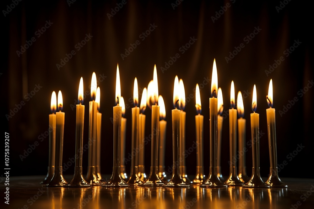 Golden candlelight dance in a dimly lit room celebrating a peaceful evening. Generative AI Golden candlelight dance in a dimly lit room celebrating a peaceful evening. Generative AI