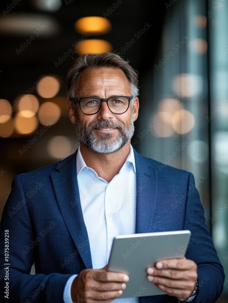 Professional investment advisor in modern office environment holding tablet and smiling confidently with bright bokeh background and warm lighting, showcasing expertise and approachability. Professional investment advisor in modern office environment holding tablet and smiling confidently with bright bokeh background and warm lighting, showcasing expertise and approachability.