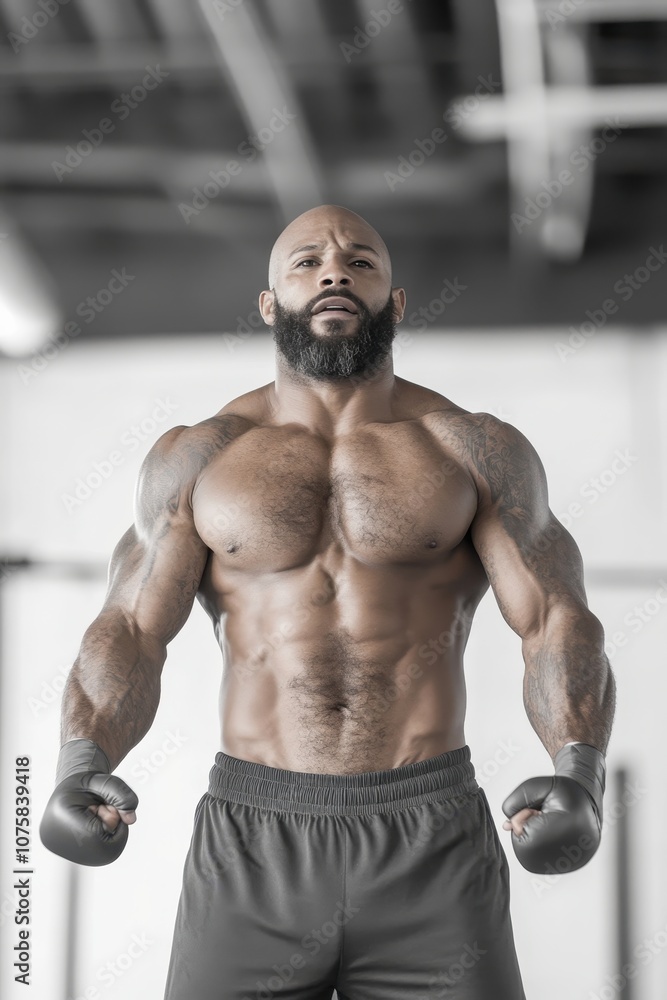 Fototapeta premium Muscular Boxer Training with Jump Rope in Gym, Focused on Fitness and Strengthening Muscles for Active Lifestyle and Athletic Performance