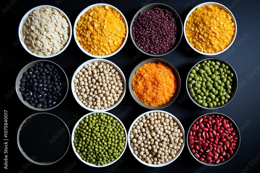 Colorful array of vibrant legumes and grains displayed artfully in bowls. Generative AI Colorful array of vibrant legumes and grains displayed artfully in bowls. Generative AI