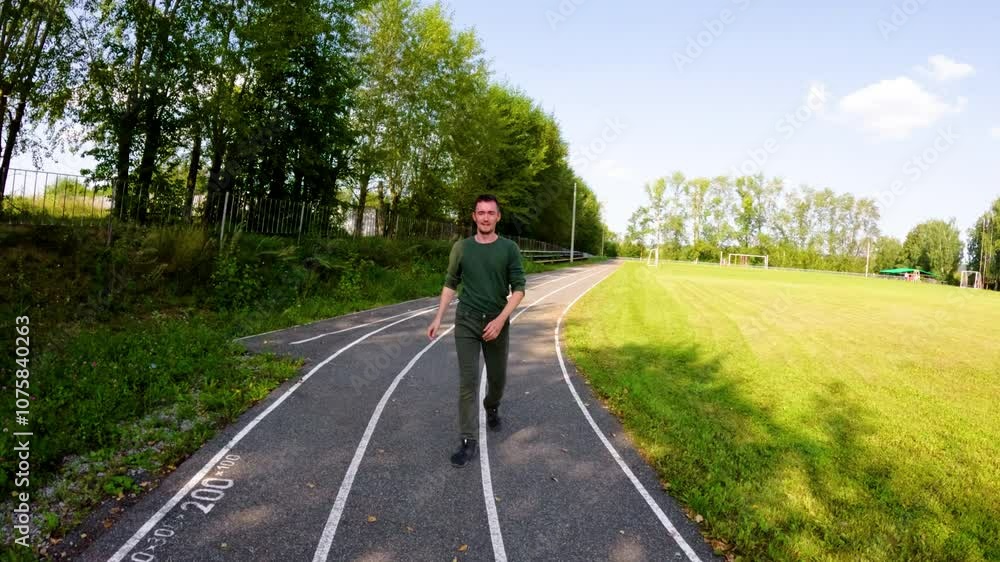 Young athlete walking confidently on an outdoor running track, embodying determination and focus. The setting showcases a vibrant summer atmosphere, emphasizing a commitment to fitness and training Young athlete walking confidently on an outdoor running track, embodying determination and focus. The setting showcases a vibrant summer atmosphere, emphasizing a commitment to fitness and training