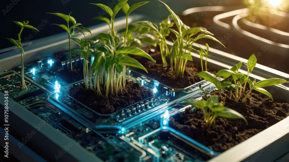 Futuristic plants growing in soil on digital circuit board, showcasing innovation and technology in agriculture. vibrant greenery contrasts with high tech background Futuristic plants growing in soil on digital circuit board, showcasing innovation and technology in agriculture. vibrant greenery contrasts with high tech background