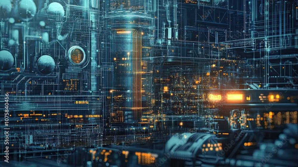Abstract Digital Cityscape with Glowing Lines and Structures Abstract Digital Cityscape with Glowing Lines and Structures