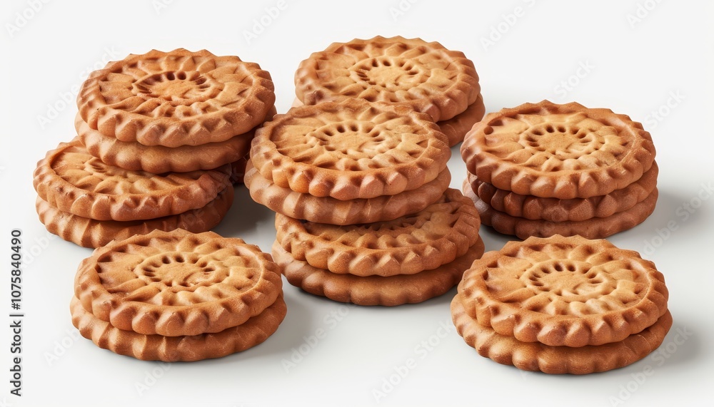 A group of round, crispy, golden brown cookies arranged on a white surface. They are stacked in groups of two or three, with some lying flat. They are slightly textured with decorative edges. A group of round, crispy, golden brown cookies arranged on a white surface. They are stacked in groups of two or three, with some lying flat. They are slightly textured with decorative edges.