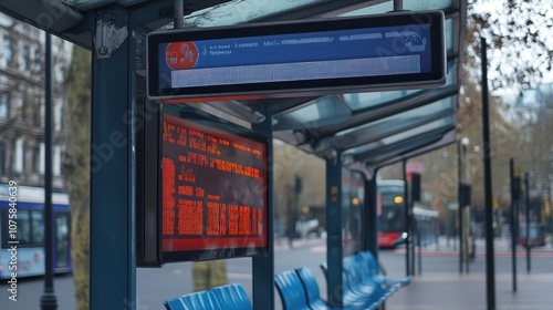  A modern bus stop featuring a blue sign, with a red timetable below the shelter. The blue slanting seats add a touch of style, and an electronic display with orange text shows 